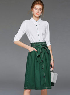 Lapel Half Sleeve Blouse & A Line Skirt