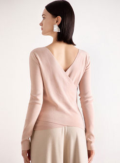 V-neck Long Sleeve Pullover Slim Sweater