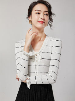 White V-neck Slim Drawcord Sweater