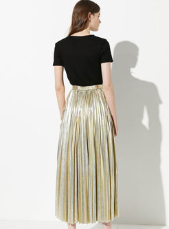 Gold High Waisted Pleated A Line Skirt