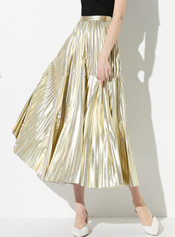 Gold High Waisted Pleated A Line Skirt