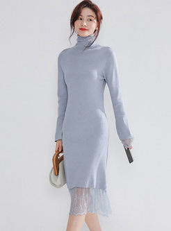 Turtleneck Lace Patchwork Sweater Dress