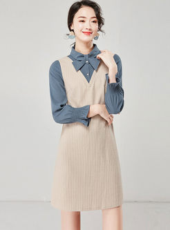 Sweet Bowknot Patchwork Knitted Dress