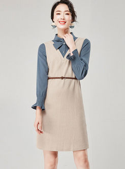 Sweet Bowknot Patchwork Knitted Dress