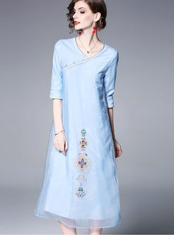 V-neck 3/4 Sleeve Embroidered A Line Dress