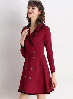 Fashion Notched Long Sleeve Knitted Dress