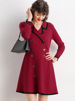 Fashion Notched Long Sleeve Knitted Dress