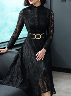 Lace Hollow Out Stand Collar Long Sleeves Midi Dresses