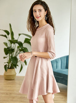 Sweet Pink O-neck 3/4 Sleeve Skater Dress