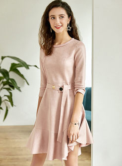 Sweet Pink O-neck 3/4 Sleeve Skater Dress