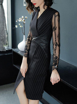 Lace Contrast Stripe V-Neck Long Sleeves Sheath Dresses