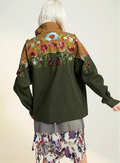 Lapel Color-blocked Embroidered Shift Coat