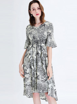 V-neck Flare Sleeve Waist Print Dress