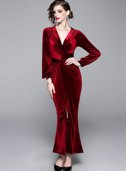 Sexy Red V-neck Slim Hip Maxi Dress