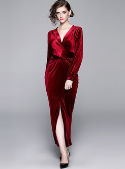 Sexy Red V-neck Slim Hip Maxi Dress