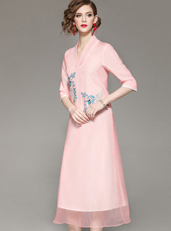 Pink V-neck Half Sleeve Embroidered Shift Dress