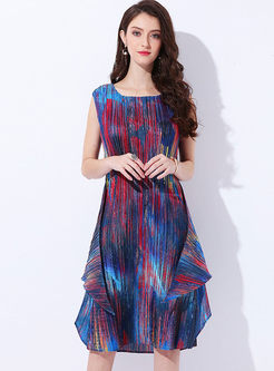 Color-blocked Sleeveless Slim Pleated Dress