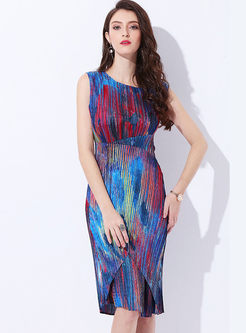 Color-blocked Sleeveless Slim Pleated Dress