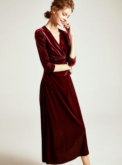 Wine Red 3/4 Sleeve Slim Maxi Dress