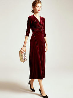 Wine Red 3/4 Sleeve Slim Maxi Dress