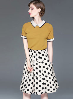 Color-blocked Lapel Knit Top & Dot Skirt