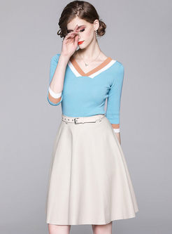 V-neck 3/4 Sleeve Top & A Line Skirt