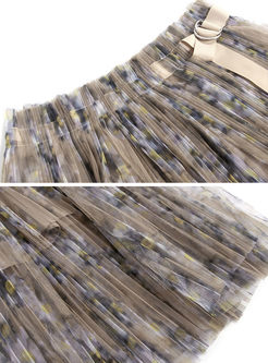 Lapel Long Sleeve Shirt & Print Mesh Skirt
