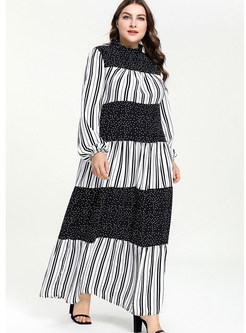 Plus Size Long Sleeve Patchwork Striped Maxi Dress