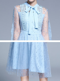 Blue Bowknot Mesh Transparent Skater Dress