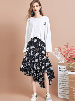 Sweet Print Irregular Chiffon Skirt
