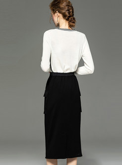O-neck Thin Sweater & Patchwork Slim Skirt