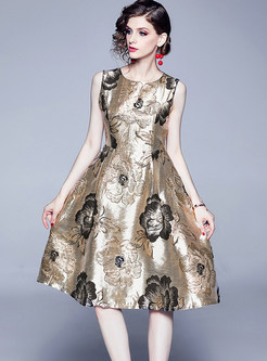 Sleeveless Jacquard Waist Ball Gown Dress