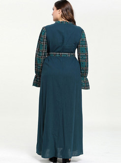 Plus Size Stand Collar Patchwork Plaid Maxi Dress