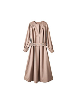 Solid Color Lapel Waist Pullover A-line Dress