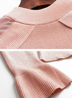 Pink Flare Sleeve Slim Top & Color-blocked Striped Skirt