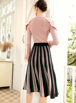 Pink Flare Sleeve Slim Top & Color-blocked Striped Skirt
