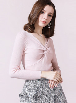 Sexy V-neck Knot Slim Pullover Sweater