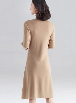 Camel V-neck Double-breasted Waist A-line Dress