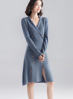 Gray-blue Notched Double-breasted Waist A-line Dress
