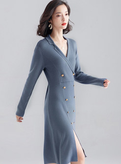 Gray-blue Notched Double-breasted Waist A-line Dress