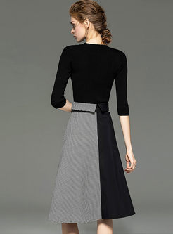 O-neck 3/4 Sleeve Sweater & Print Patchwork Skirt