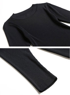 O-neck 3/4 Sleeve Sweater & Print Patchwork Skirt