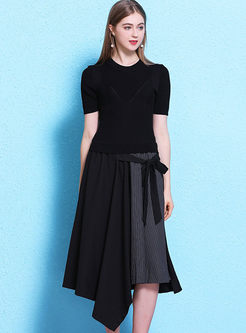 Black Short Sleeve Patchwork Striped Dress