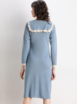 Sweet V-neck Long Sleeve Knit A Line Dress