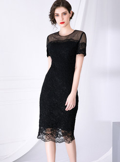 Black O-neck Lace Patchwork Embroidery Bodycon Dress
