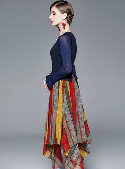 Flare Sleeve Knit Patchwork Print Dress