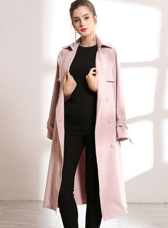 Pink Notched Collar Slim Long Trench Coat