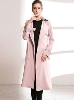 Pink Notched Collar Slim Long Trench Coat