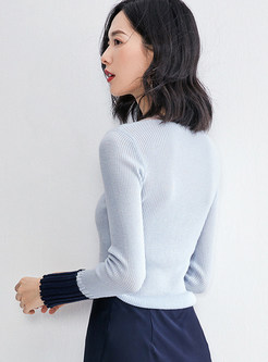 V-neck Patchwork Color-blocked Slim Sweater
