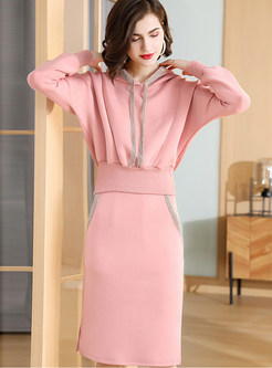 Casual Solid Color Hooded Sweatshirt & Bodycon Skirt